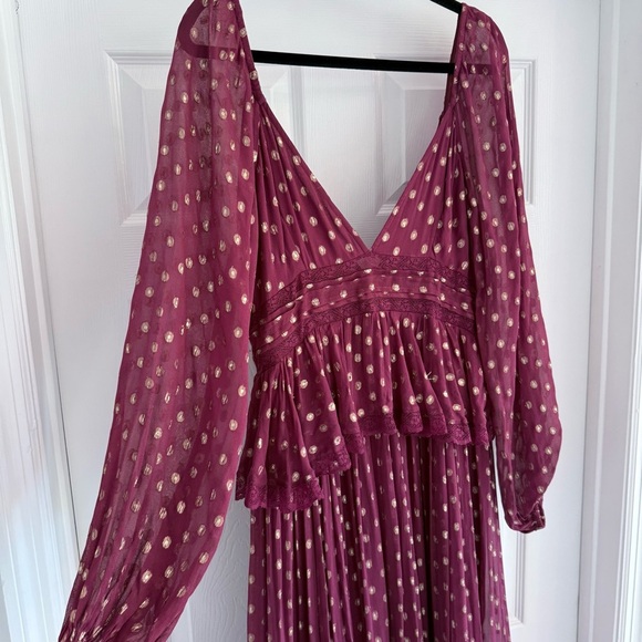 FREE PEOPLE x ROCOCO SAND Emi Burgundy and Gold Tiered Long Sleeved Dress L - Picture 3 of 14